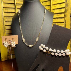 Vintage 4-Piece Goldtone Faux Pearl Set - Necklace, Earrings, 2 bracelets